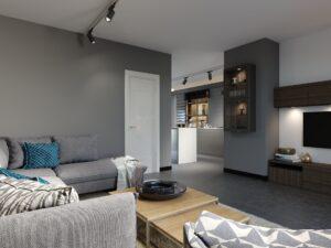 Modernes Apartment-Designstudios in dunklen Farben mit Beleuchtung und Natursteinboden.