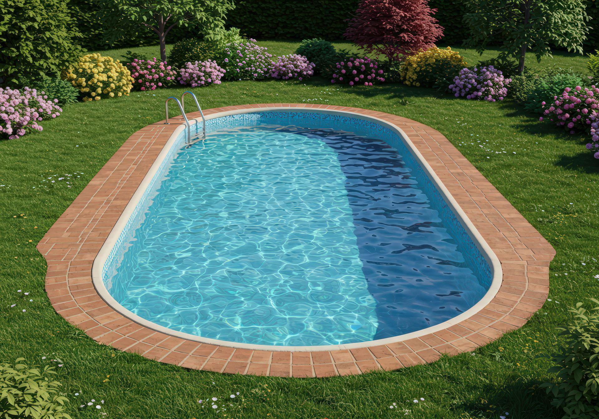 Modern angelegter ovaler Stahlwandpool mit rotem Pflasterrand und blumenreichem Garten