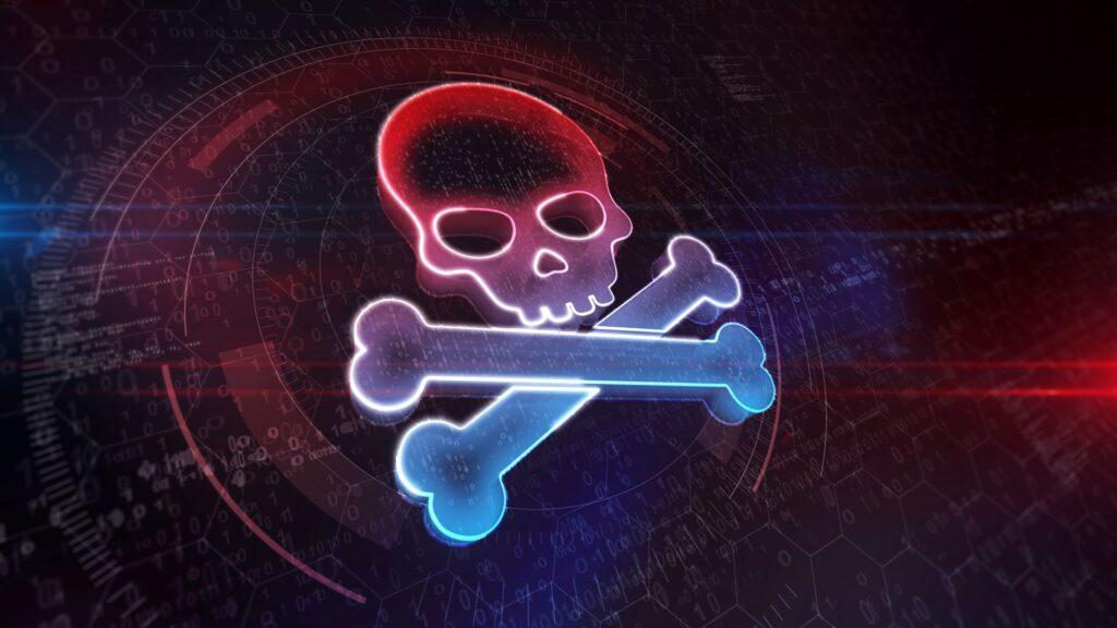 Leuchtender Totenkopf mit Binärcode als Symbol für Cyberangriff und IT Security Beratung