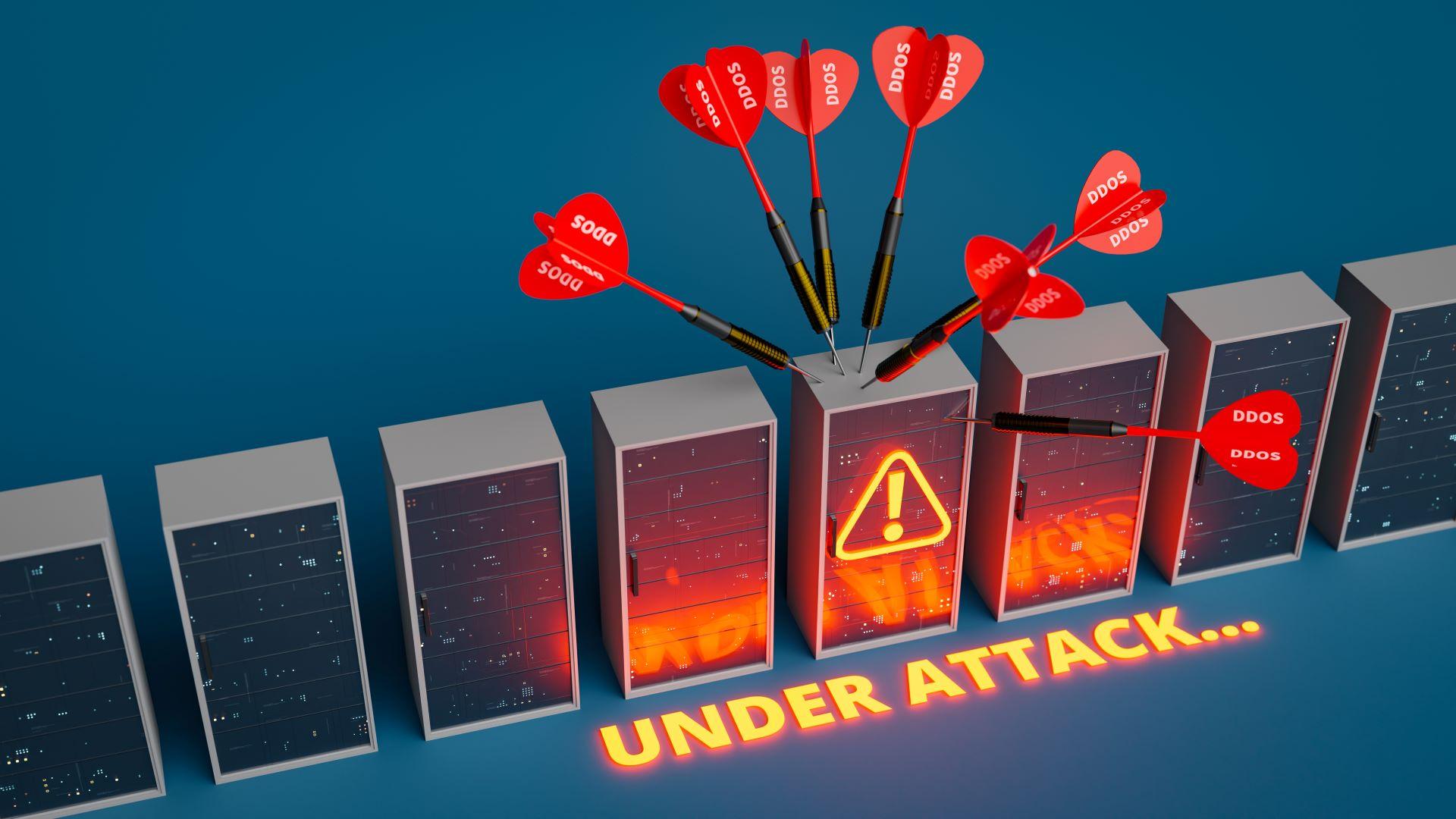 Server mit roten DDoS-Pfeilen und Warnsymbol als Zeichen für IT Security Beratung