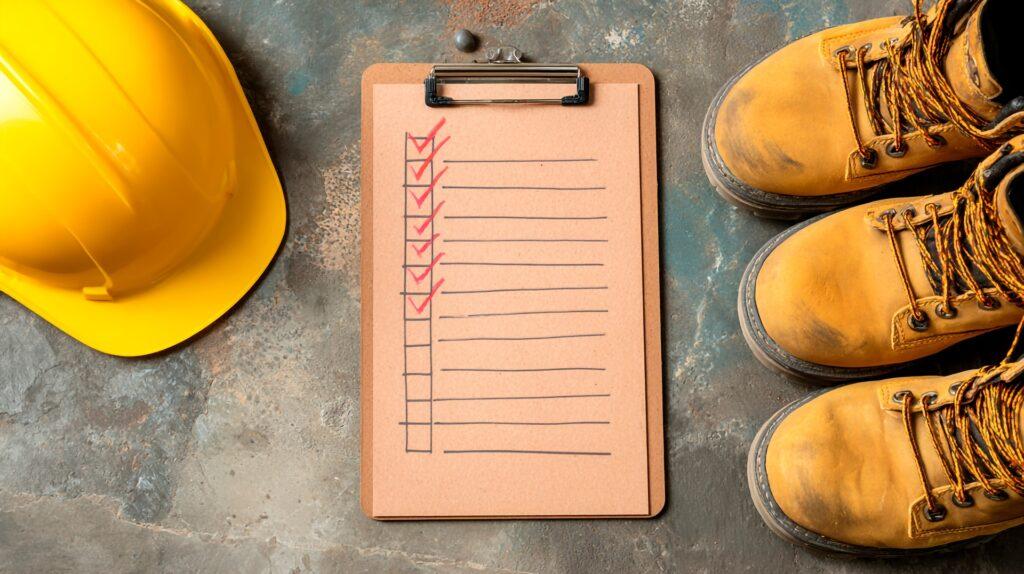 Schutzhelm, Schuhe und Checkliste auf Baustellenboden | Arbeitsbühne mieten Bocholt